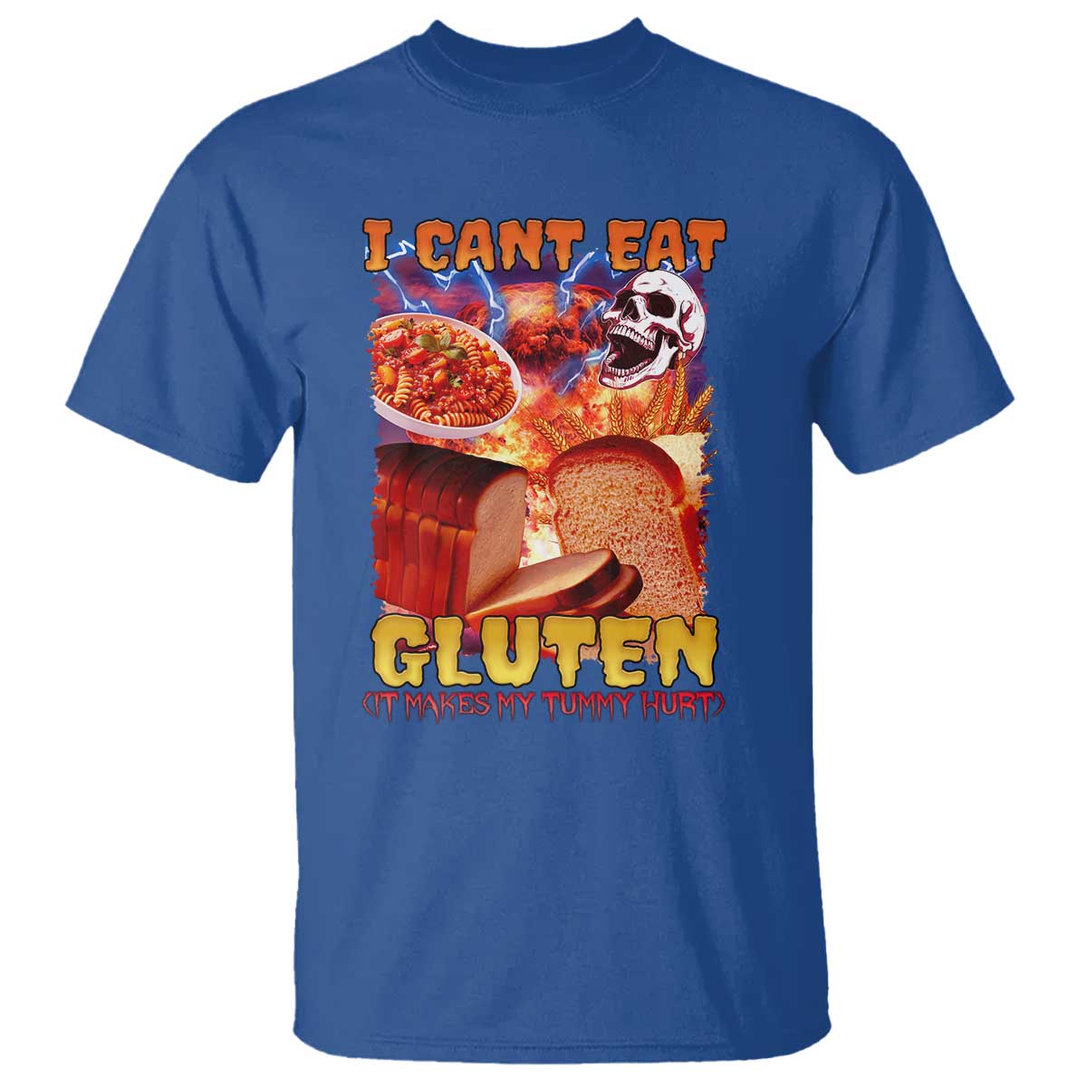 Funny Gluten Intolerance T Shirt I Can't Eat Gluten It Makes My Tummy Hurt Skeleton Meme
