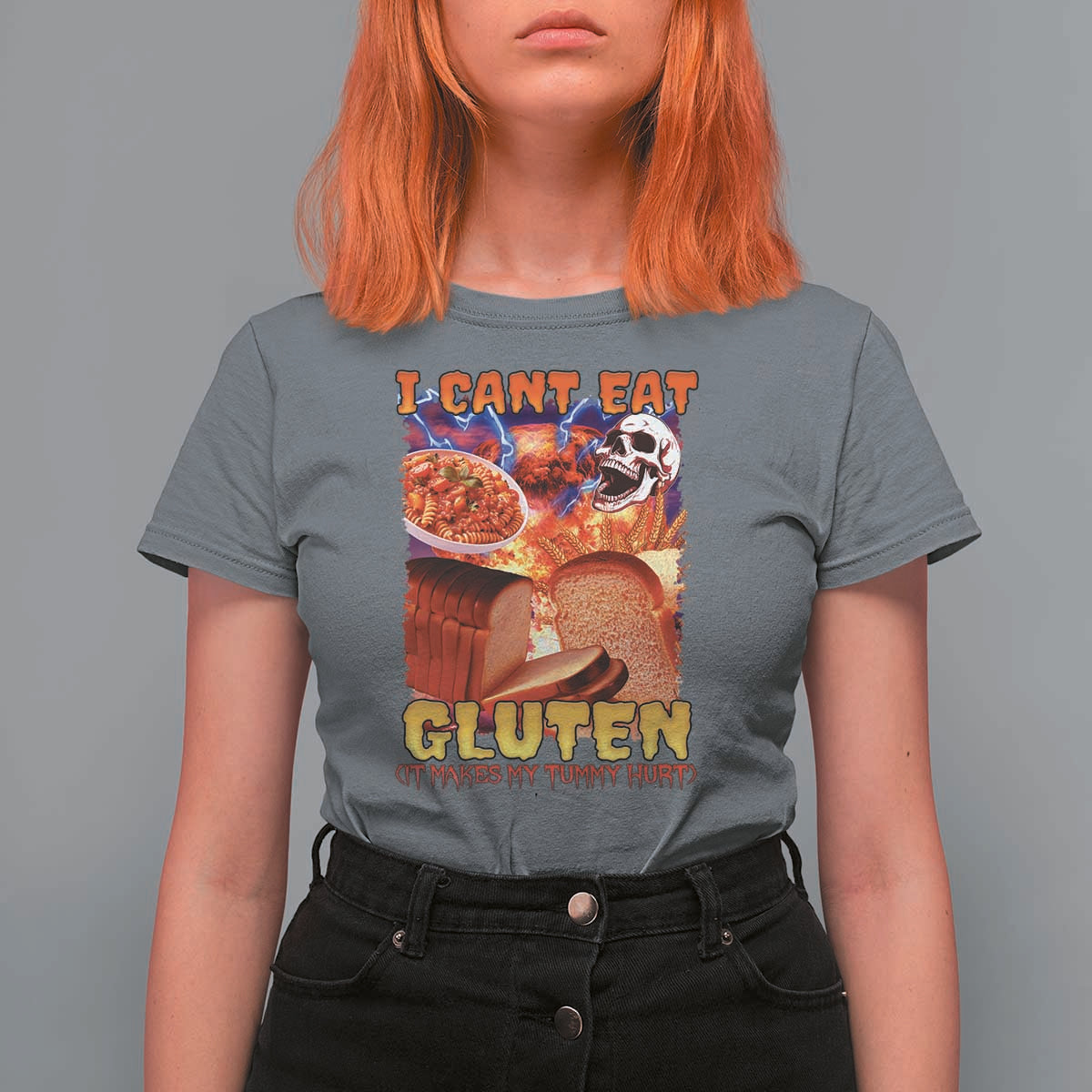 Funny Gluten Intolerance T Shirt For Women I Can't Eat Gluten It Makes My Tummy Hurt Skeleton Meme