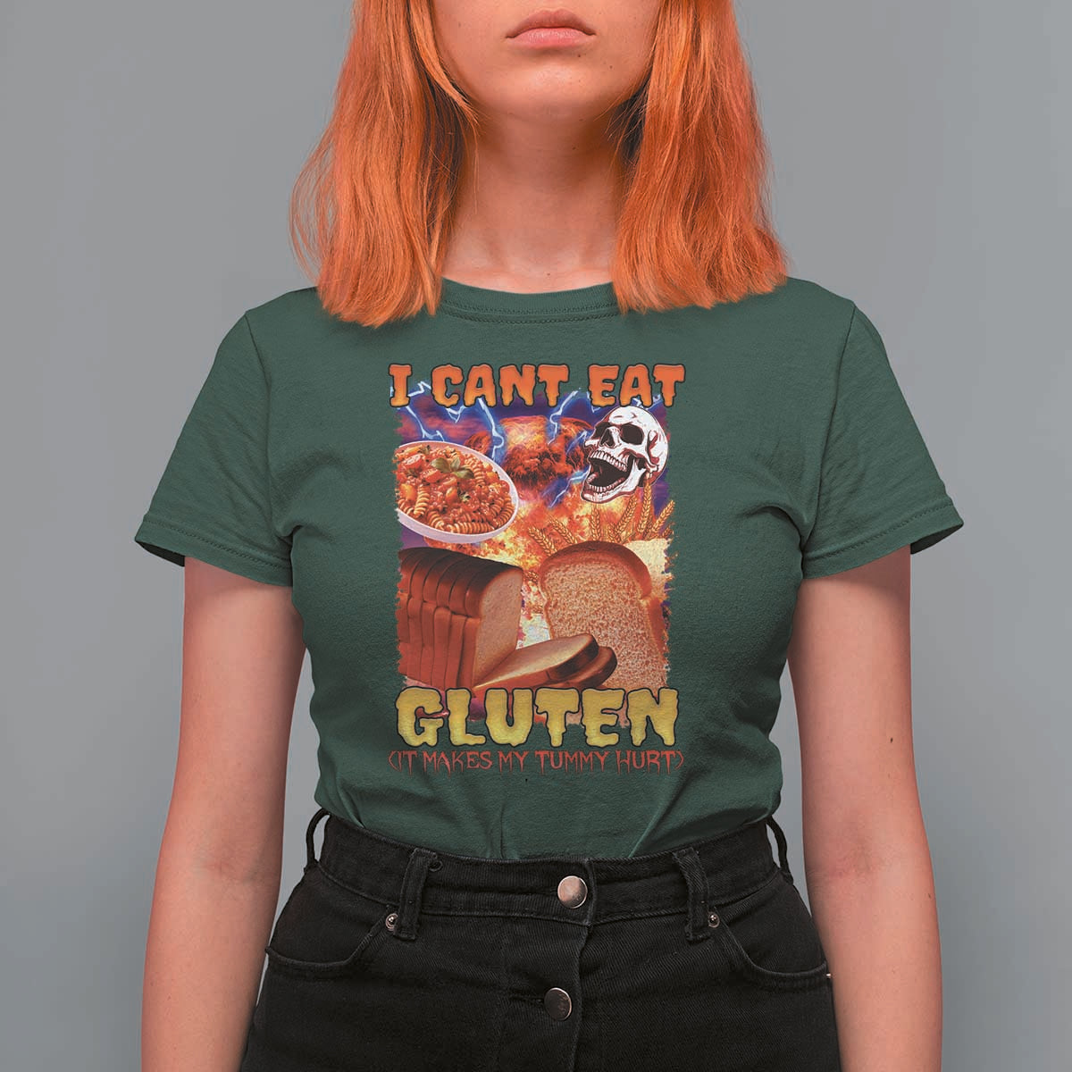 Funny Gluten Intolerance T Shirt For Women I Can't Eat Gluten It Makes My Tummy Hurt Skeleton Meme