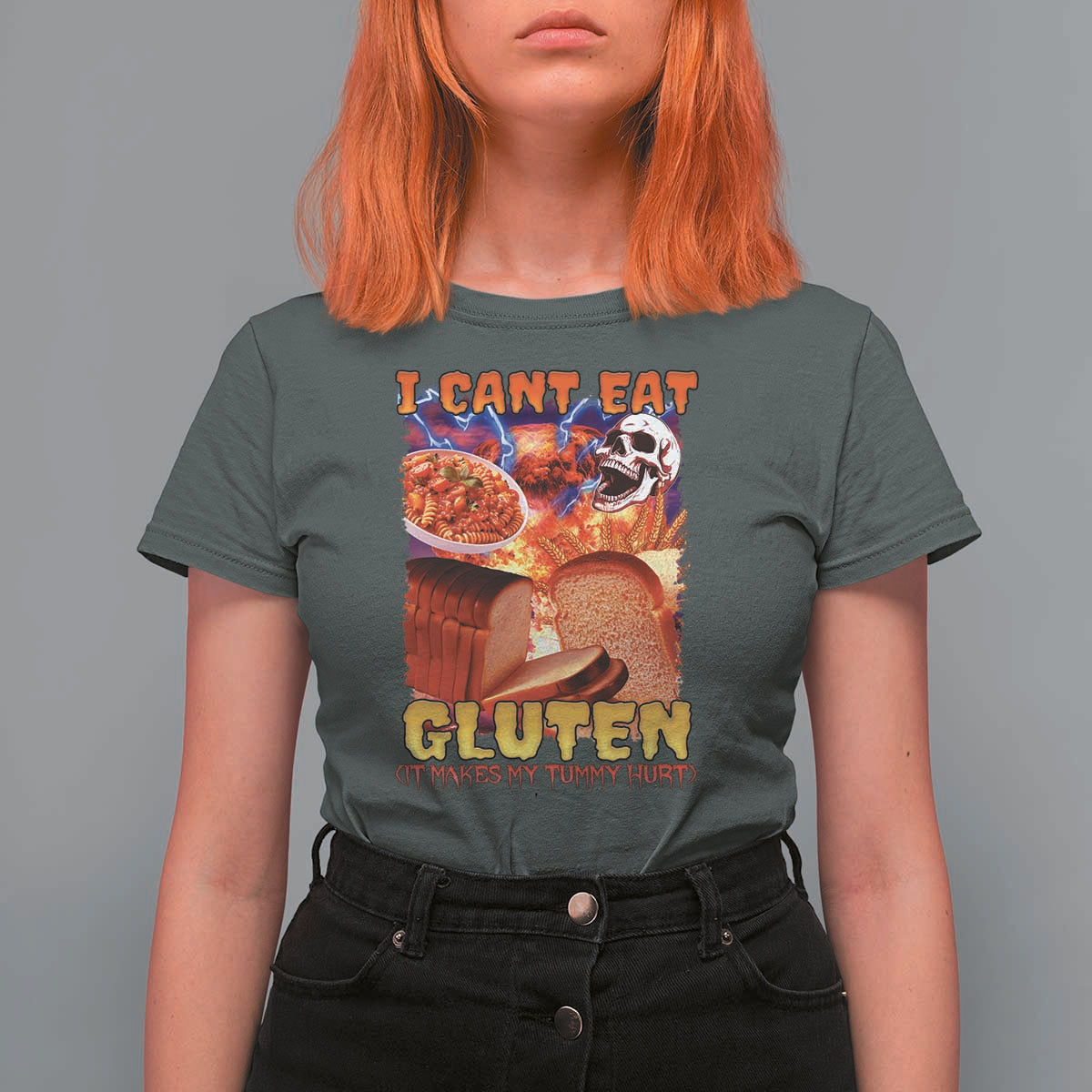 Funny Gluten Intolerance T Shirt For Women I Can't Eat Gluten It Makes My Tummy Hurt Skeleton Meme