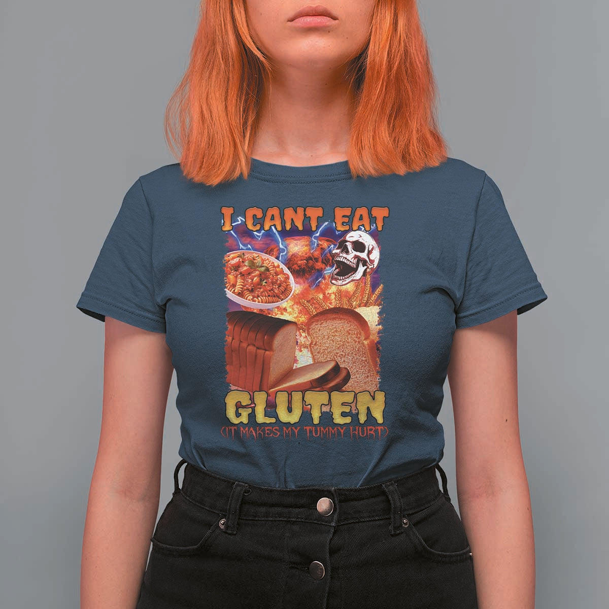Funny Gluten Intolerance T Shirt For Women I Can't Eat Gluten It Makes My Tummy Hurt Skeleton Meme