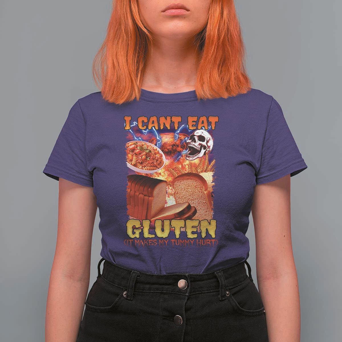 Funny Gluten Intolerance T Shirt For Women I Can't Eat Gluten It Makes My Tummy Hurt Skeleton Meme