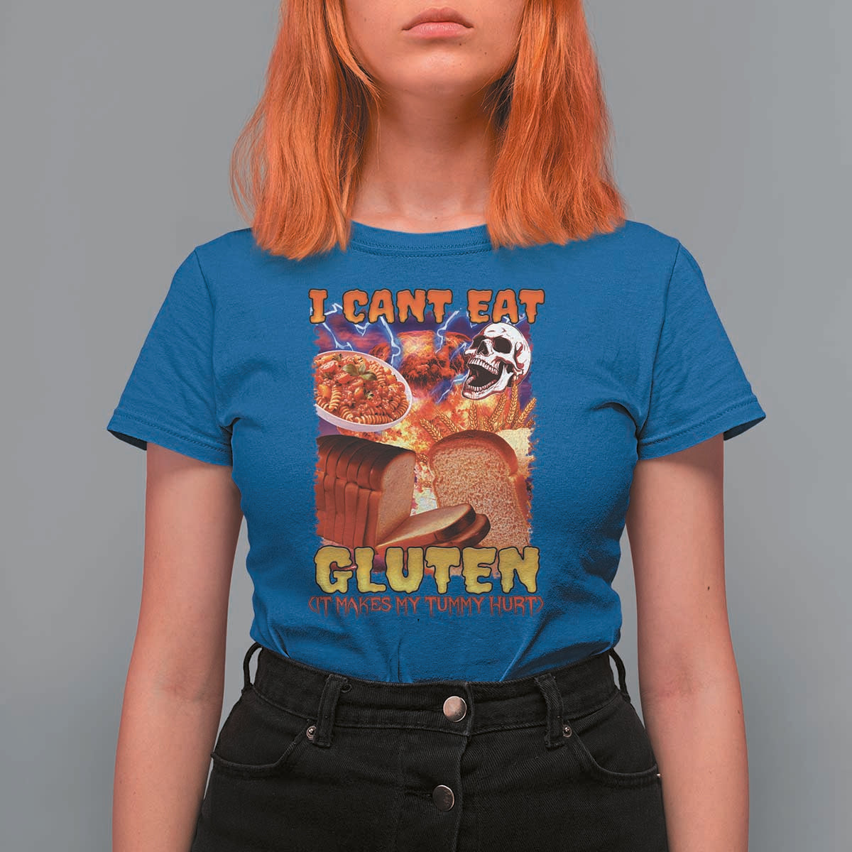 Funny Gluten Intolerance T Shirt For Women I Can't Eat Gluten It Makes My Tummy Hurt Skeleton Meme