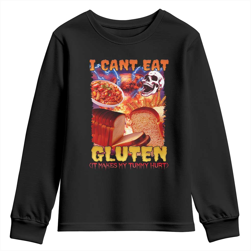 Funny Gluten Intolerance Youth Sweatshirt I Can't Eat Gluten It Makes My Tummy Hurt Skeleton Meme