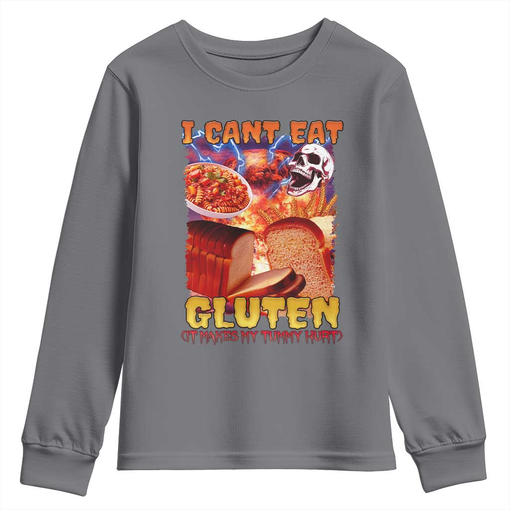 Funny Gluten Intolerance Youth Sweatshirt I Can't Eat Gluten It Makes My Tummy Hurt Skeleton Meme