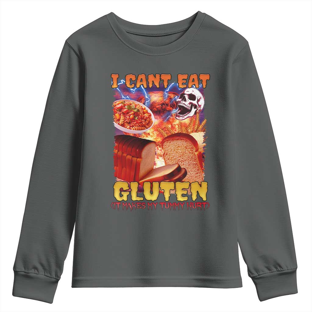 Funny Gluten Intolerance Youth Sweatshirt I Can't Eat Gluten It Makes My Tummy Hurt Skeleton Meme
