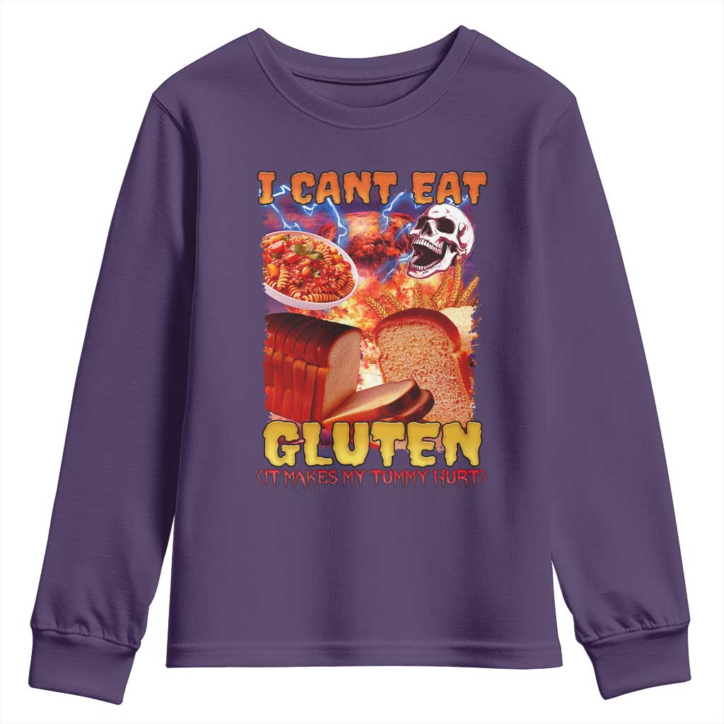 Funny Gluten Intolerance Youth Sweatshirt I Can't Eat Gluten It Makes My Tummy Hurt Skeleton Meme