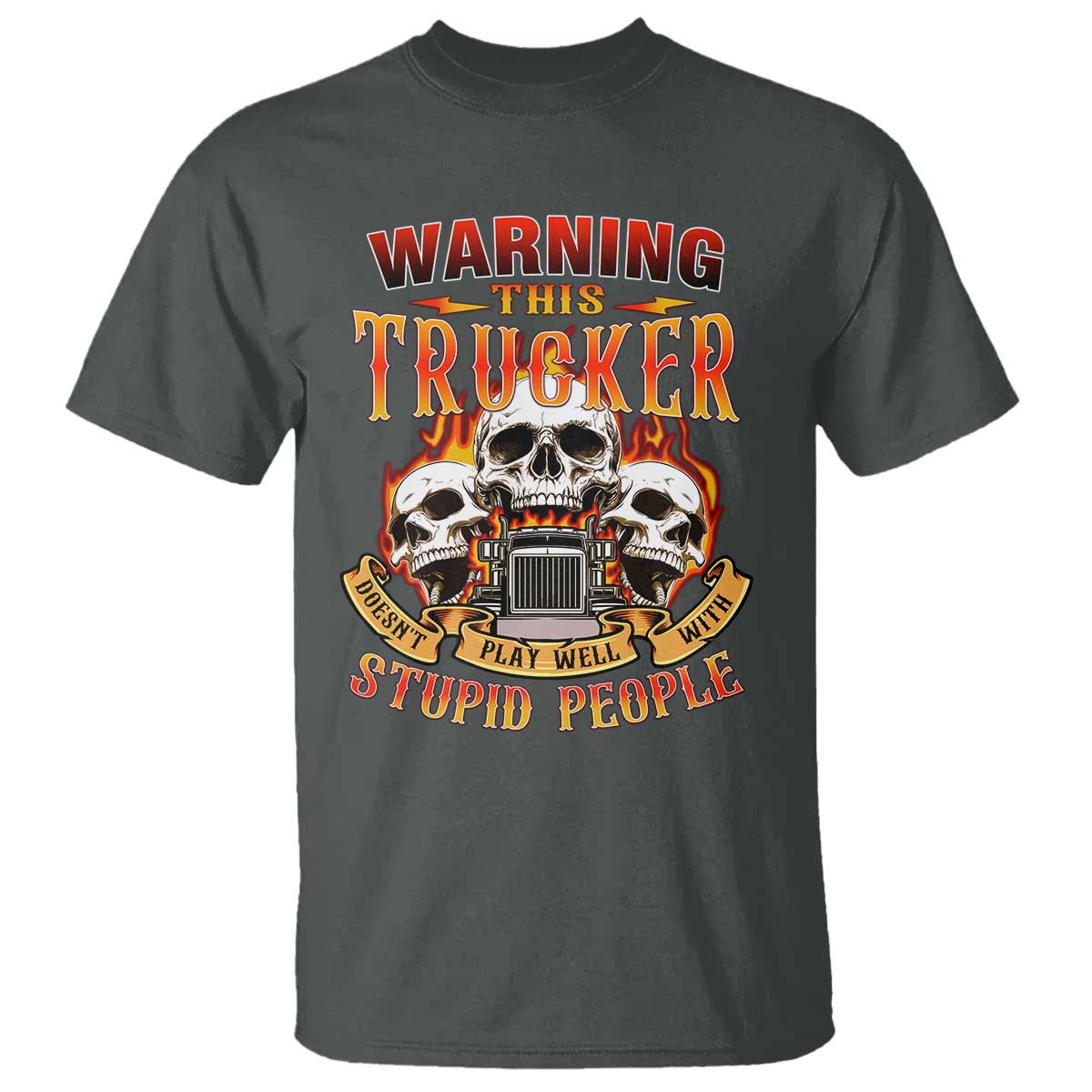 Funny truck driver skull T Shirt Warning This Trucker Doesn't Play Well With stupid people