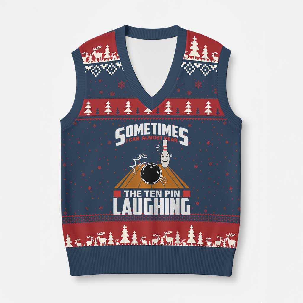 Funny Bowling V-Neck Knit Sweater Vest Hear The Ten Pin Laughing Bowler - Wonder Print Shop