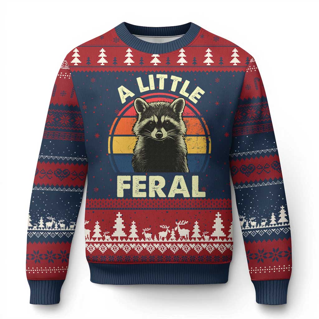 Funny Raccoon Ugly Christmas Sweater A Little Feral Trash Panda Meme Retro - Wonder Print Shop