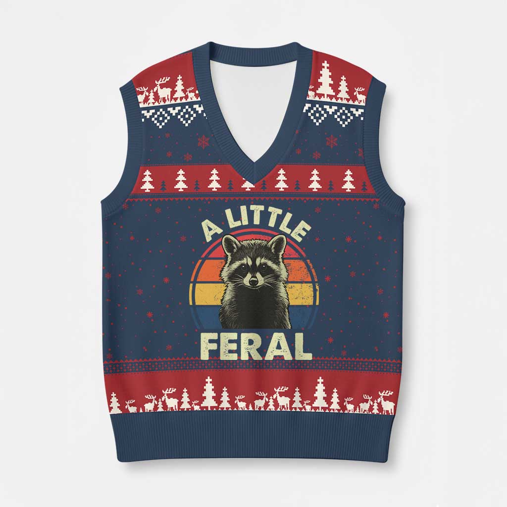 Funny Raccoon V-Neck Knit Sweater Vest A Little Feral Trash Panda Meme Retro - Wonder Print Shop