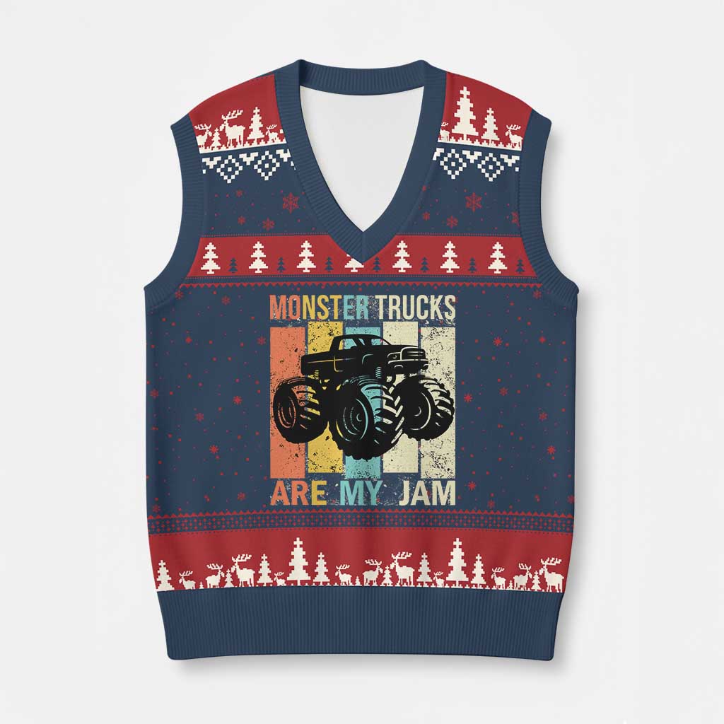 Monster Trucks Are My Jam V-Neck Knit Sweater Vest Vintage Retro - Wonder Print Shop