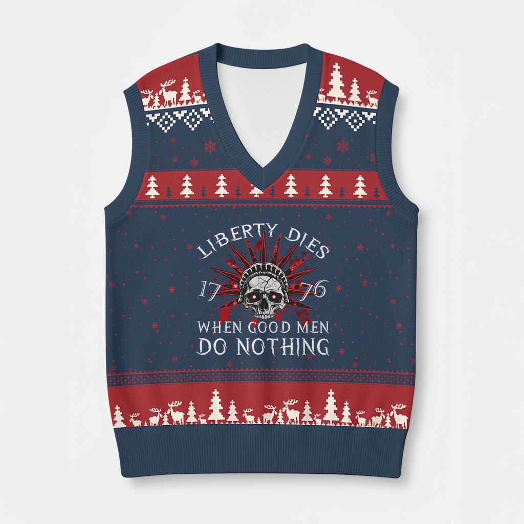 American Patriotic Skull V-Neck Knit Sweater Vest Liberty Dies When Good Men Do Nothing US Patriot Military - Wonder Print Shop