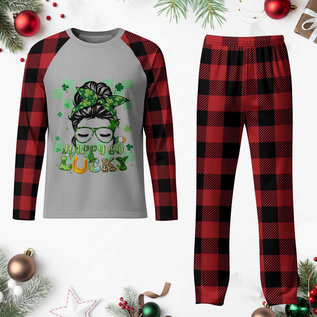 Funny St Patricks Day Women Plaid Pajama Set Happy Go Lucky Messy Bun with Shamrocks - Wonder Print Shop
