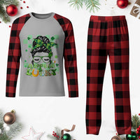 Funny St Patricks Day Women Plaid Pajama Set Happy Go Lucky Messy Bun with Shamrocks - Wonder Print Shop
