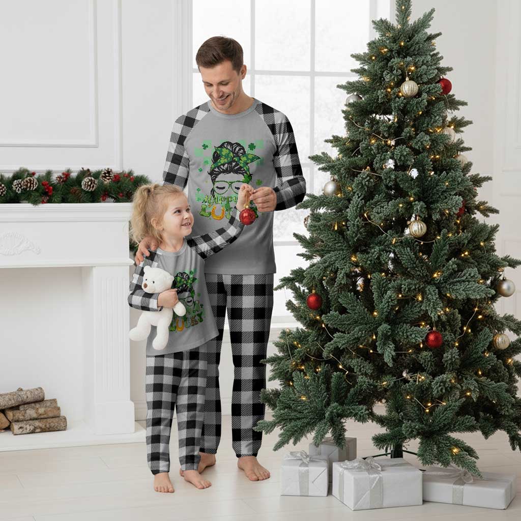 Funny St Patricks Day Women Plaid Pajama Set Happy Go Lucky Messy Bun with Shamrocks - Wonder Print Shop