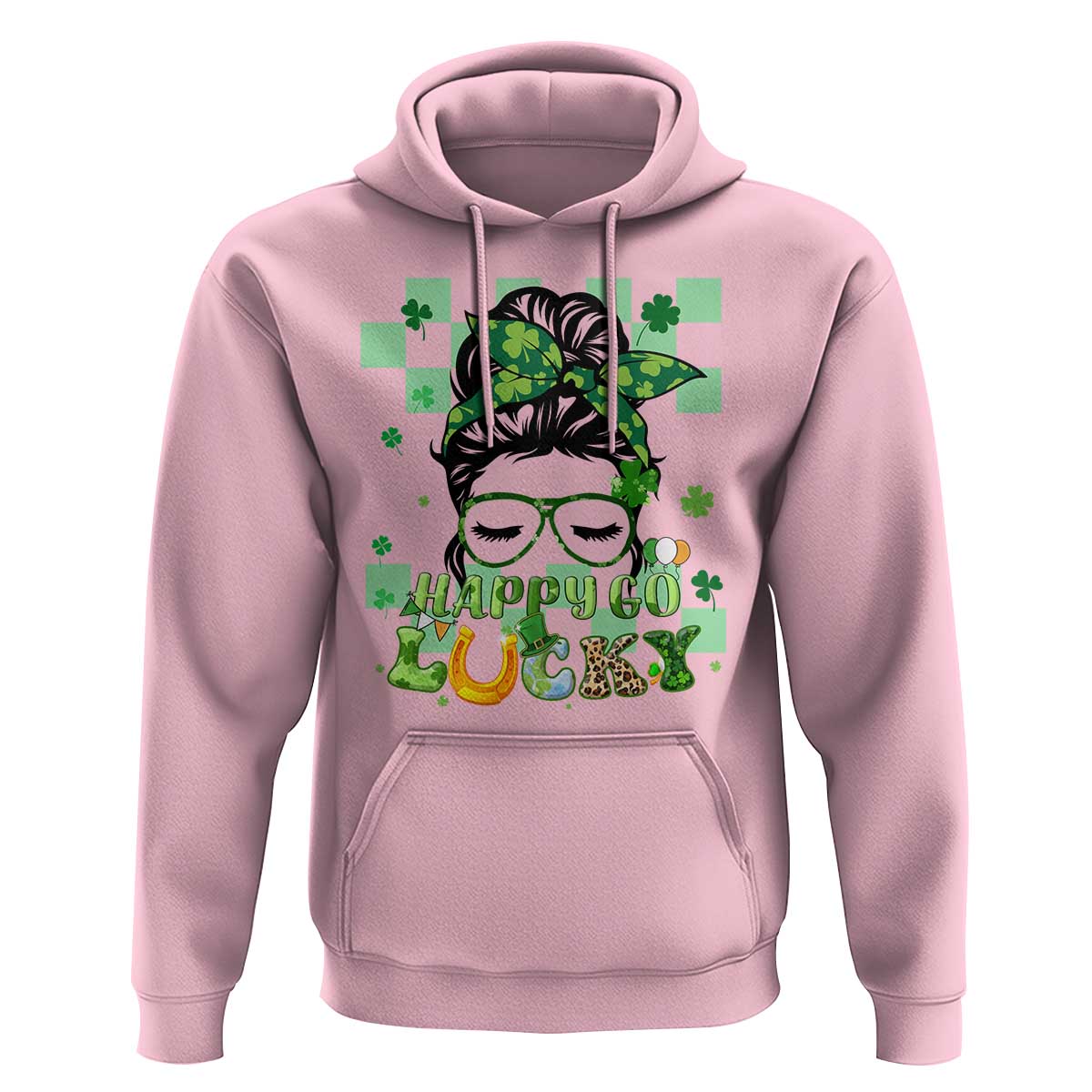 Retro Happy Go Lucky Messy Bun Shamrocks St. Patrick's Day Hoodie - Wonder Print Shop