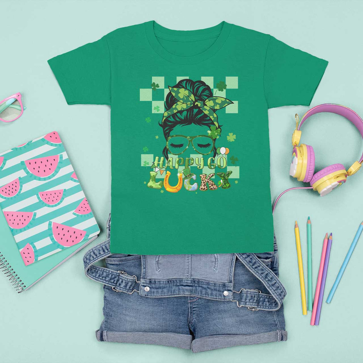 Funny St Patricks Day Women T Shirt For Kid Happy Go Lucky Messy Bun with Shamrocks - Wonder Print Shop