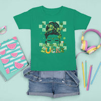Funny St Patricks Day Women T Shirt For Kid Happy Go Lucky Messy Bun with Shamrocks - Wonder Print Shop