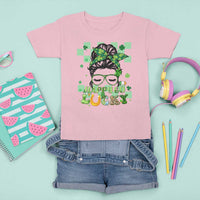 Funny St Patricks Day Women T Shirt For Kid Happy Go Lucky Messy Bun with Shamrocks - Wonder Print Shop