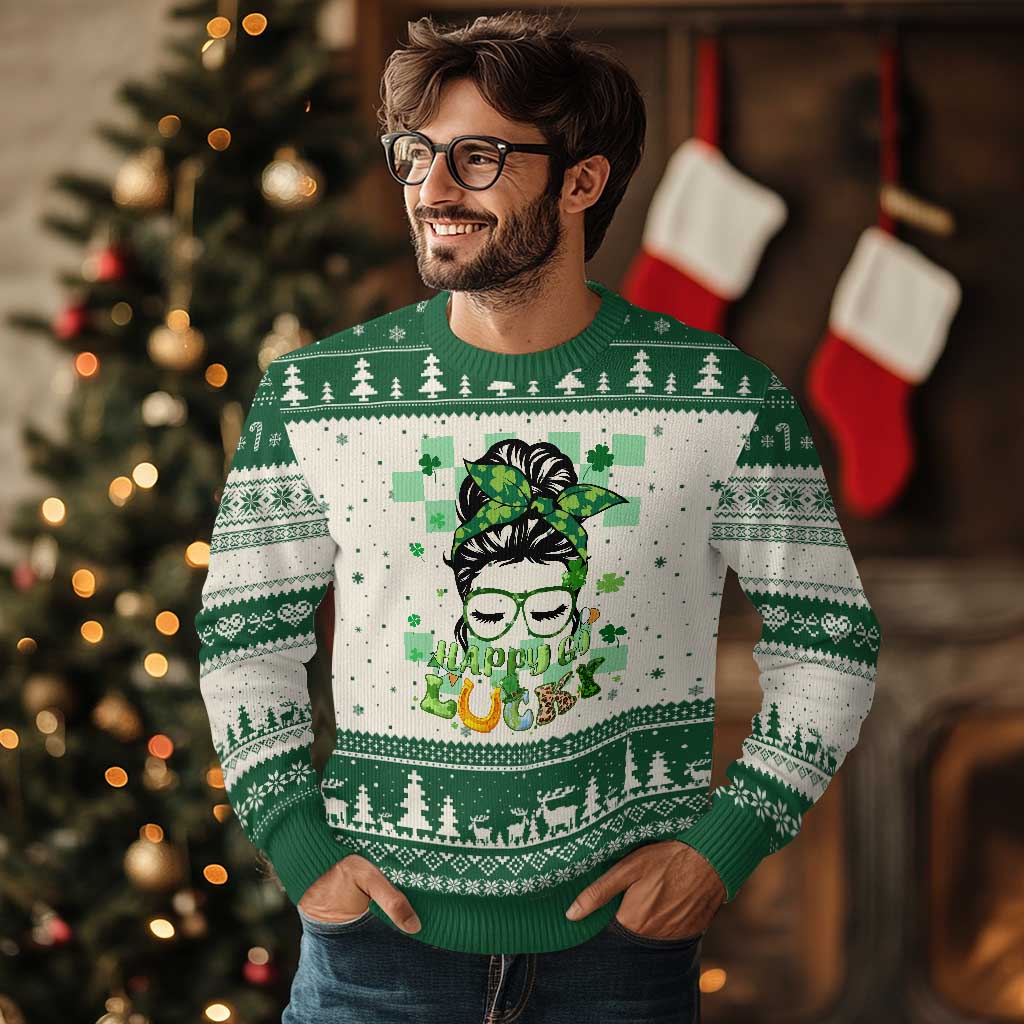 Funny St Patricks Day Women Ugly Christmas Sweater Happy Go Lucky Messy Bun with Shamrocks - Wonder Print Shop