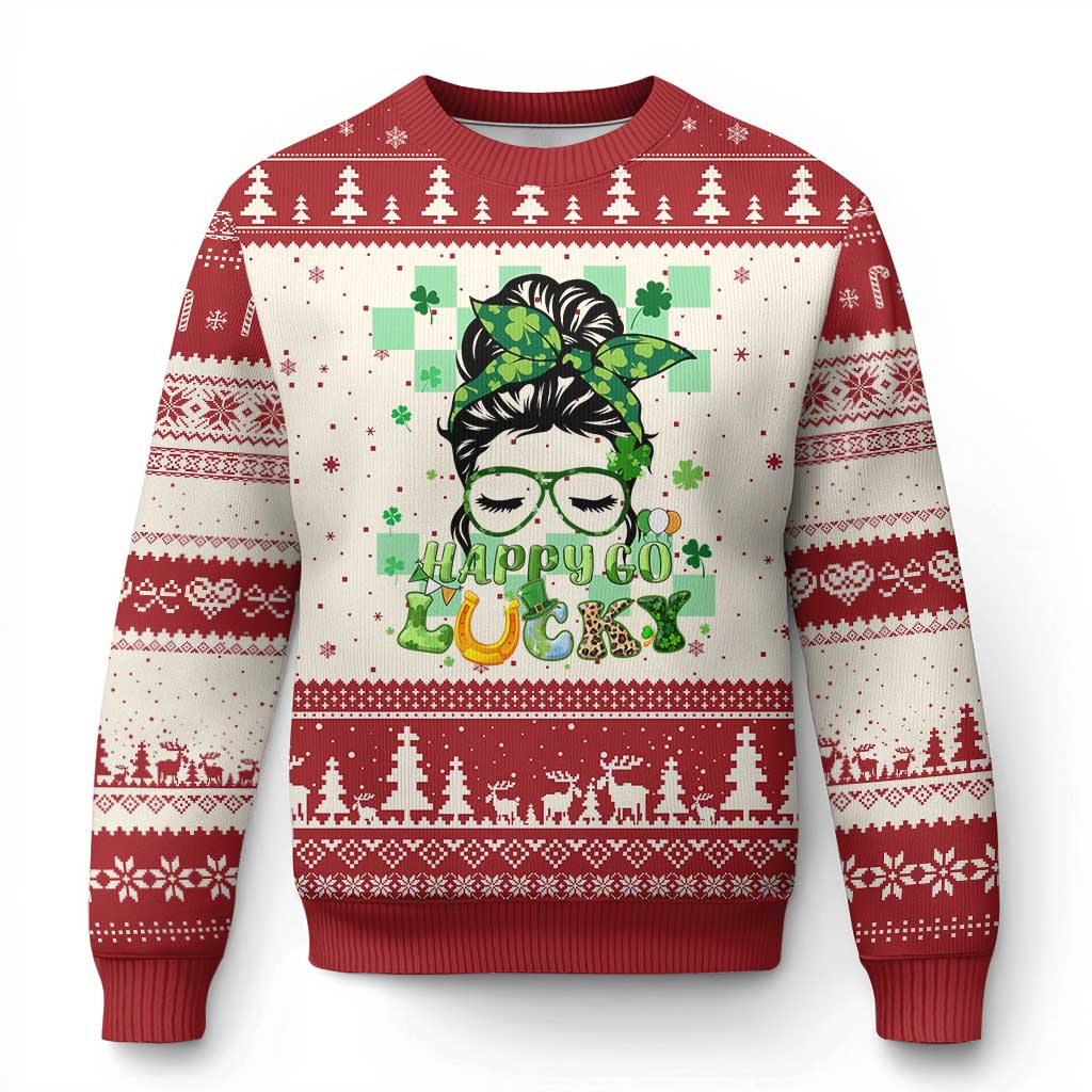 Funny St Patricks Day Women Ugly Christmas Sweater Happy Go Lucky Messy Bun with Shamrocks - Wonder Print Shop