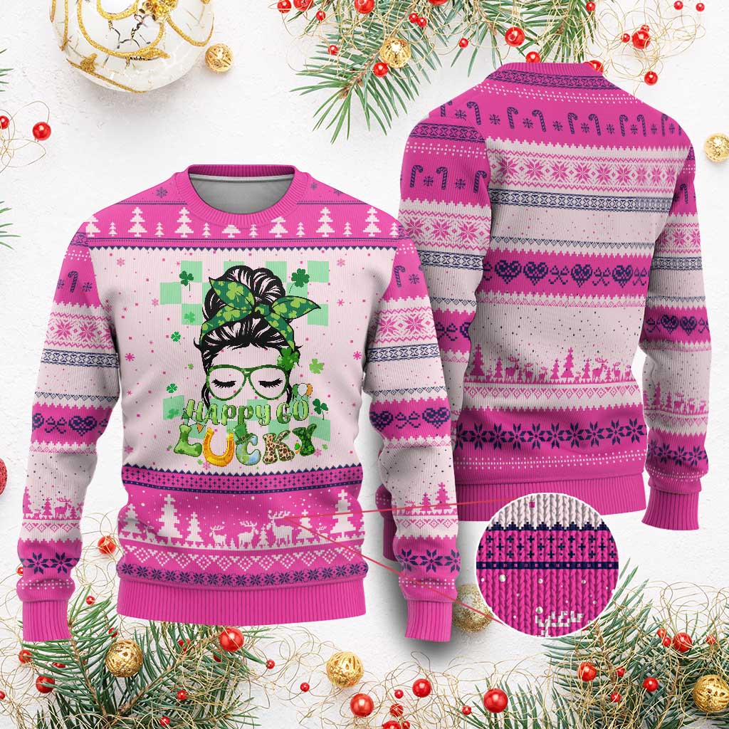 Funny St Patricks Day Women Ugly Christmas Sweater Happy Go Lucky Messy Bun with Shamrocks - Wonder Print Shop