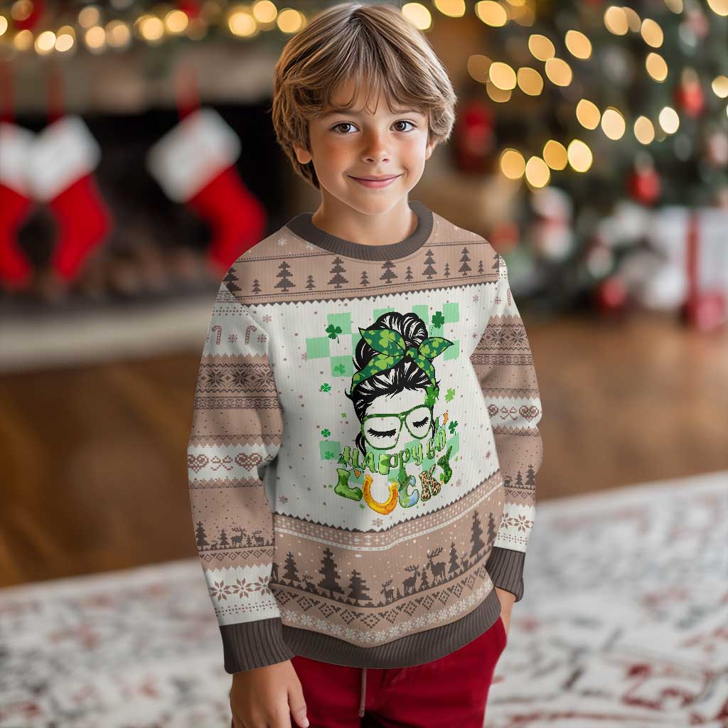 Funny St Patricks Day Women Ugly Christmas Sweater Happy Go Lucky Messy Bun with Shamrocks - Wonder Print Shop