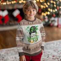 Funny St Patricks Day Women Ugly Christmas Sweater Happy Go Lucky Messy Bun with Shamrocks - Wonder Print Shop