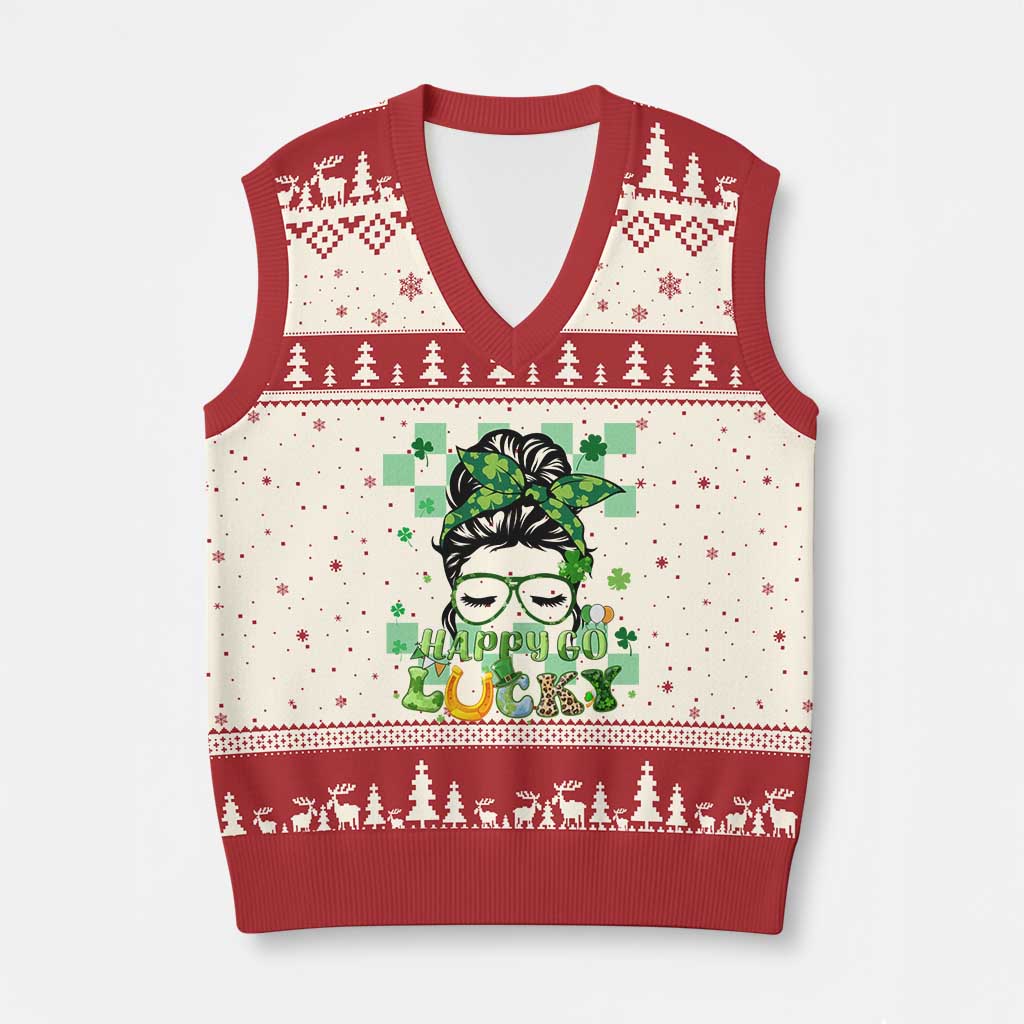 Funny St Patricks Day Women V-Neck Knit Sweater Vest Happy Go Lucky Messy Bun with Shamrocks - Wonder Print Shop