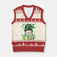 Funny St Patricks Day Women V-Neck Knit Sweater Vest Happy Go Lucky Messy Bun with Shamrocks - Wonder Print Shop