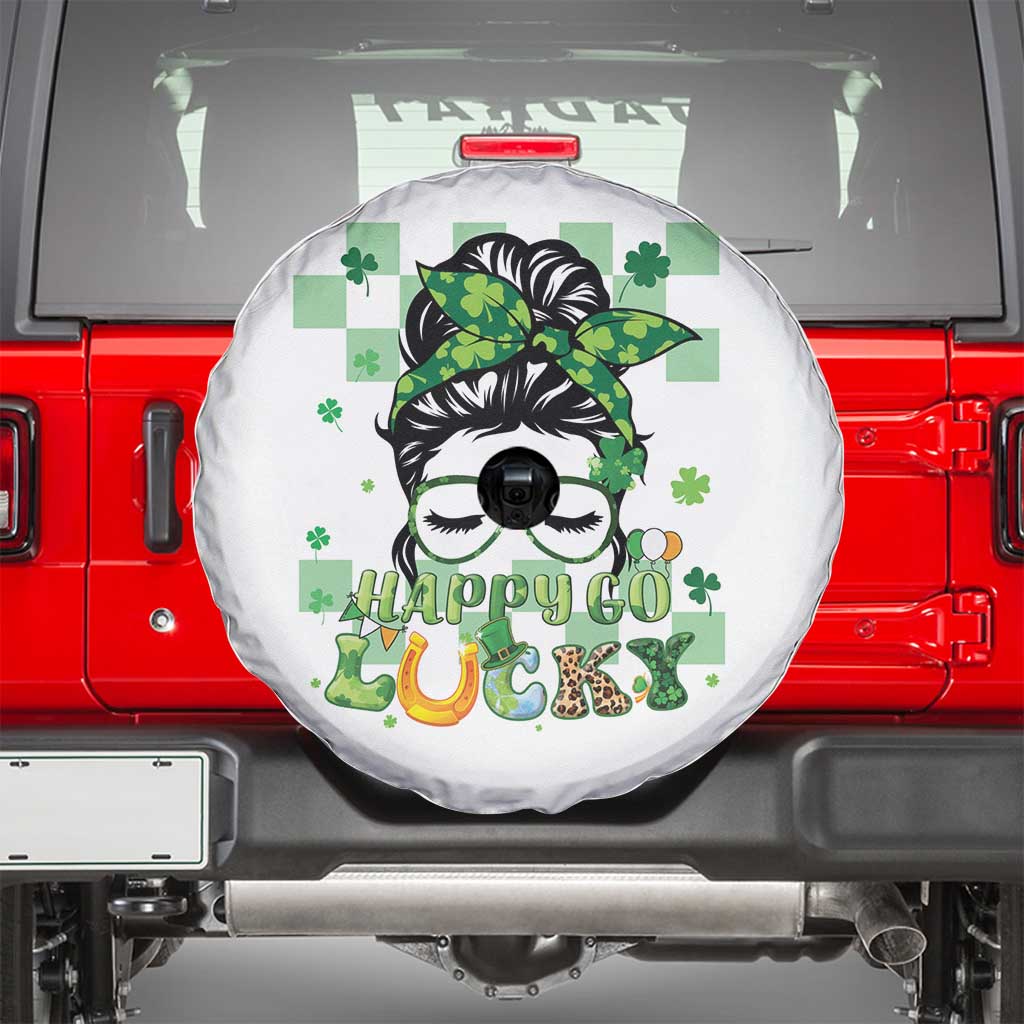 Funny St Patricks Day Women Spare Tire Cover Happy Go Lucky Messy Bun with Shamrocks