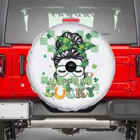 Funny St Patricks Day Women Spare Tire Cover Happy Go Lucky Messy Bun with Shamrocks