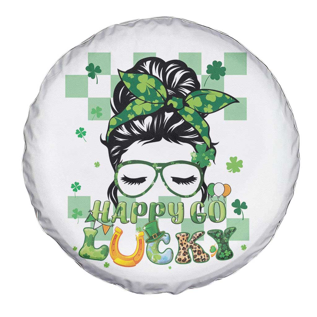 Funny St Patricks Day Women Spare Tire Cover Happy Go Lucky Messy Bun with Shamrocks