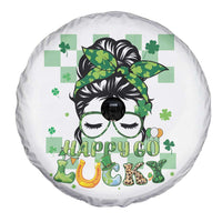 Funny St Patricks Day Women Spare Tire Cover Happy Go Lucky Messy Bun with Shamrocks