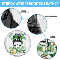 Funny St Patricks Day Women Spare Tire Cover Happy Go Lucky Messy Bun with Shamrocks