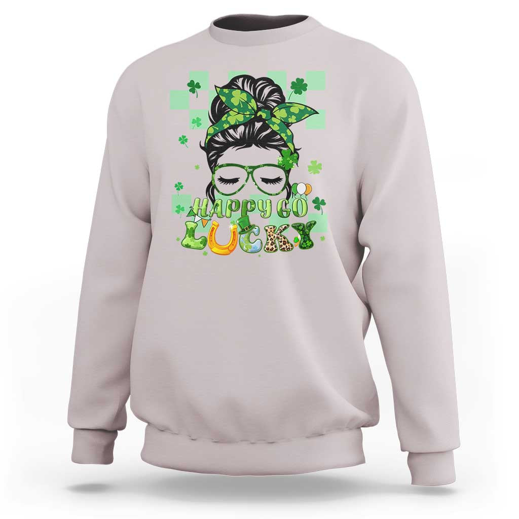 Retro Happy Go Lucky Messy Bun Shamrocks St. Patrick's Day Sweatshirt - Wonder Print Shop