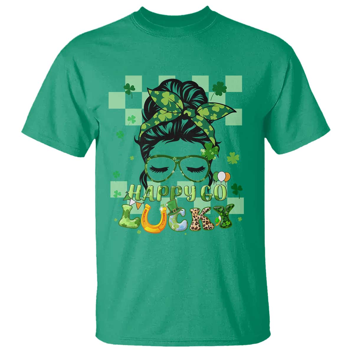Retro Happy Go Lucky Messy Bun Shamrocks St. Patrick's Day T-Shirt - Wonder Print Shop