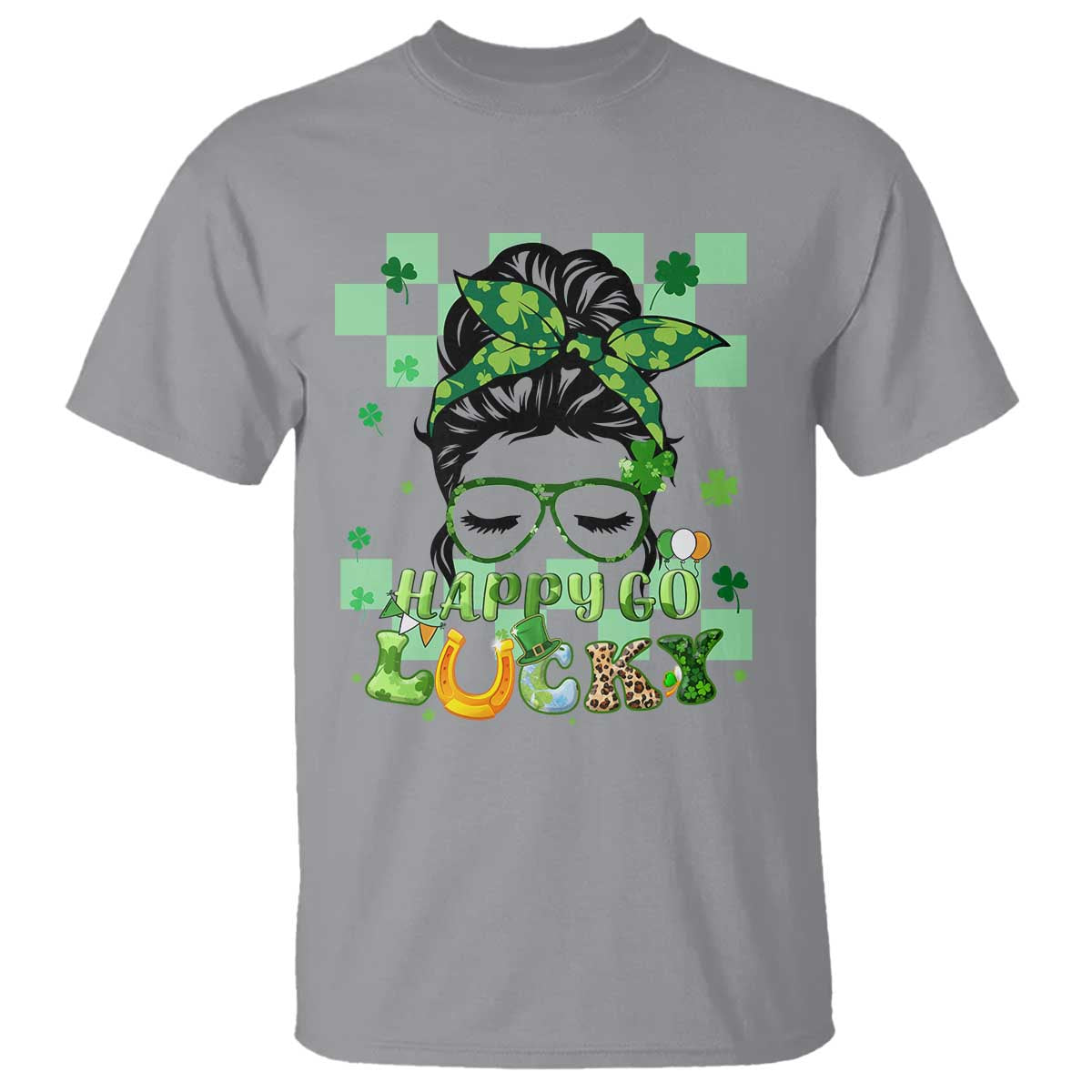 Retro Happy Go Lucky Messy Bun Shamrocks St. Patrick's Day T-Shirt - Wonder Print Shop