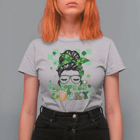 Funny St Patricks Day Women T Shirt For Women Happy Go Lucky Messy Bun with Shamrocks - Wonder Print Shop