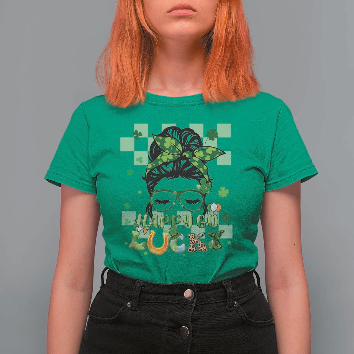 Funny St Patricks Day Women T Shirt For Women Happy Go Lucky Messy Bun with Shamrocks - Wonder Print Shop
