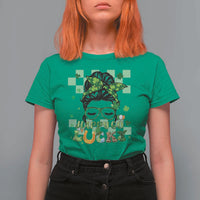 Funny St Patricks Day Women T Shirt For Women Happy Go Lucky Messy Bun with Shamrocks - Wonder Print Shop