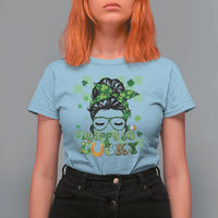 Funny St Patricks Day Women T Shirt For Women Happy Go Lucky Messy Bun with Shamrocks - Wonder Print Shop