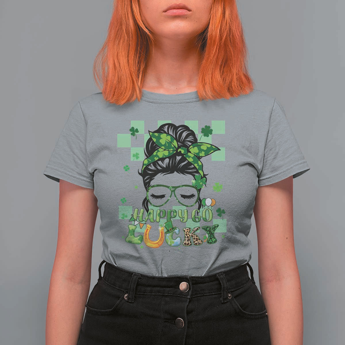 Funny St Patricks Day Women T Shirt For Women Happy Go Lucky Messy Bun with Shamrocks - Wonder Print Shop