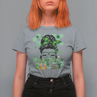 Funny St Patricks Day Women T Shirt For Women Happy Go Lucky Messy Bun with Shamrocks - Wonder Print Shop