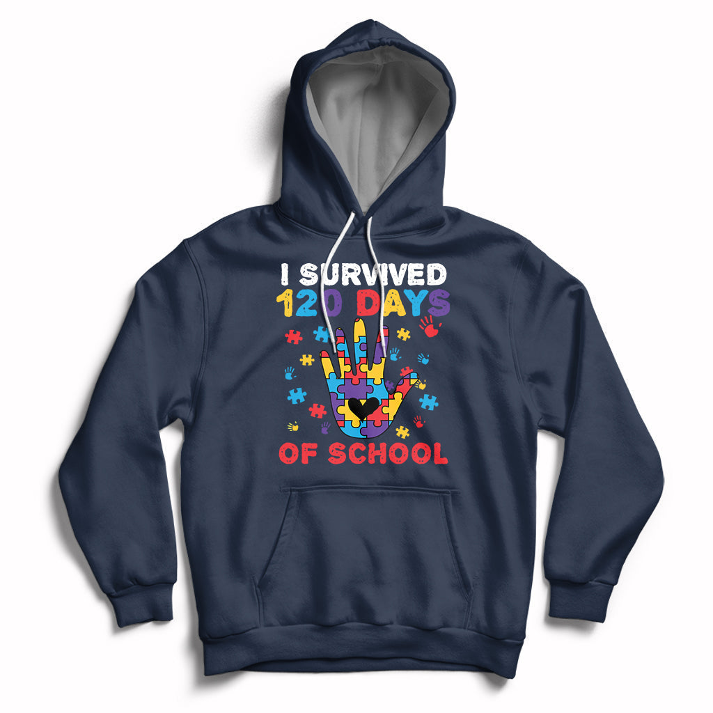 Navy pullover hoodie with colorful puzzle heart graphic and “I Survived 120 Days of School” text