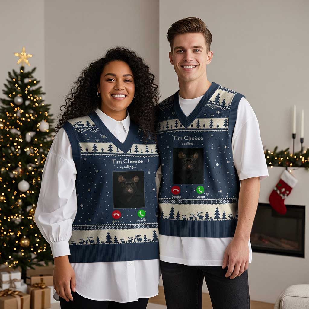 Tim Cheese Is Calling V-Neck Knit Sweater Vest Funny Decline Or Accept Meme - Wonder Print Shop