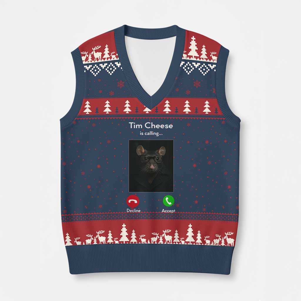 Tim Cheese Is Calling V-Neck Knit Sweater Vest Funny Decline Or Accept Meme - Wonder Print Shop