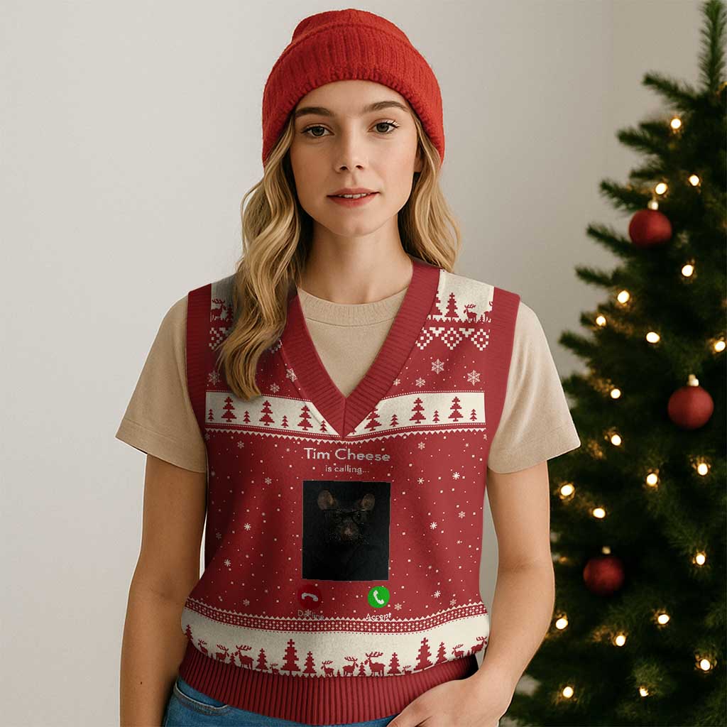 Tim Cheese Is Calling V-Neck Knit Sweater Vest Funny Decline Or Accept Meme - Wonder Print Shop