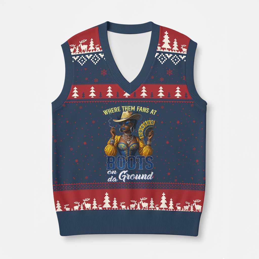 Melanin Cowgirls Linedance V-Neck Knit Sweater Vest Where Them Fans At Boots On Da Ground - Wonder Print Shop